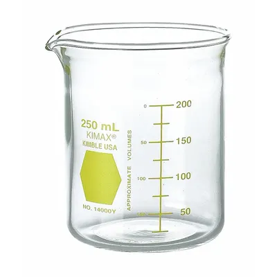 KIMBLE Colorware Beaker: 250 mL, 8.45 fl oz, A, Low Form, Type I, Yellow - Color Coded Low Form Glass Beakers