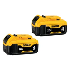 Two 20V MAX* 4 Ah lithium-ion batteries for DEWALT 20V MAX* cordless tools. Each battery delivers 4 Ah capacity for extended runtime on drills, saws, impact drivers, and other tools in construction, woodworking, and maintenance tasks.
