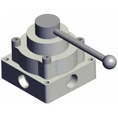 Lever-actuated manual air control valve with side-ported body and three-position operation. Port size is 1 in NPT; maximum operating pressure is 0.7 MPa. The closed center position blocks flow in neutral, suitable for directing or shutting off compressed air in pneumatic systems.