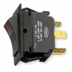 Single-pole single-throw (SPST) rocker switch with On/Off operation. Includes a red illuminated lens and lamp module for visual status indication. Rated 5 A at 12 V DC with spade terminal connections. Suitable for general-purpose low-voltage switching in control panels and similar applications.