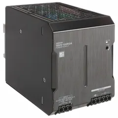 Single-phase DIN rail mount DC power supply with metal housing. Rated output power 480 W and output current 20 A. Accepts 100 to 240 V AC input. Used in industrial control panels and automation systems to power sensors, PLCs, and actuators.