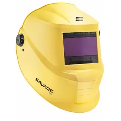 Auto-darkening welding helmet with polypropylene shell, four arc sensors, and digital ADF controls. Welding shade range W8-13 with grind mode. Viewing area 3.93 in x 1.96 in. Pinlock suspension adjustment. Suitable for arc welding, grinding, and cutting applications.