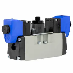 Four-way, three-position solenoid air control valve, 5599-1 type, double solenoid, closed center. Operates on 24V DC with solenoid return and internal pilot actuation. Used in industrial automation to direct compressed air to actuators or cylinders, providing a fail-safe blocked center position.