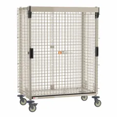Antimicrobial wire security cart with 900 lb capacity. Self measures 48 in L x 24 in W; overall dimensions 53 in L x 29 in W x 67 in H. Features adjustable shelf type, locking brake casters, and (4) swivel casters. Taupe finish. Shelves not included.