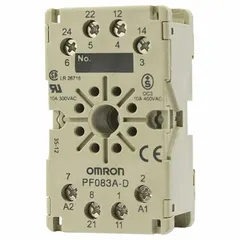 OMRON PF083A is an 8-pin relay socket rated for 5 A, designed for DIN-rail or surface mounting. It provides secure connections for industrial control wiring in automation systems, motor controls, and PLC output circuits.