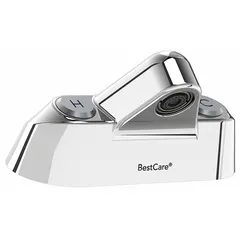 Centerset faucet constructed of brass with a chrome finish. Operates manually via a push button and requires a 120V AC plug-in power source. Connects to hot and cold water supply lines. Suitable for commercial restrooms, healthcare facilities, and public washrooms.