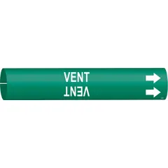 Green snap-on pipe marker with white 'Vent' legend and directional arrows. Fits pipe outer diameters from 2-1/2 to 3-7/8 inches. Used to identify vent pipes in industrial piping systems, aiding in quick visual identification and flow direction indication.