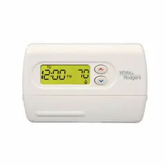 Manual changeover thermostat for 1H/1C conventional or heat pump systems. Push-button control with 5-1-1 programming. Temperature range 45° to 99°F. Terminal designations: Y, C, G, O, B, RC, RH, W. Suitable for residential or light commercial HVAC applications.