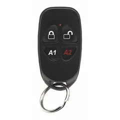 Key ring transmitter for arming and disarming security systems. Compact design for portable operation. Suitable for residential and commercial access control applications.