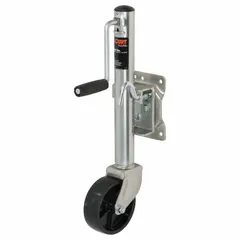 This bolt-on sidewind trailer jack features a wheel base for easy positioning. With a static load capacity of 1,200 lb and a maximum lift height of 23-1/2 in, it is suited for lifting and supporting trailer tongues during coupling, uncoupling, or leveling in applications such as boat trailers.