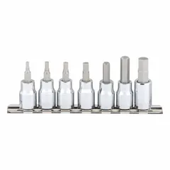 This 25-piece hex bit socket set features a 3/8 in drive size and includes 7 pieces with a replaceable insert. The set covers hex bit sizes from 1/8 in to 3/8 in, suitable for driving hex fasteners in general mechanical and assembly tasks.