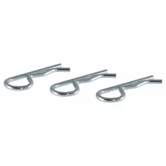 This steel hitch pin with a zinc-plated finish features a three-hitch clip and a usable length of 3 1/4 inches. It is used to secure a trailer hitch to a vehicle's receiver, providing a reliable connection for towing applications.