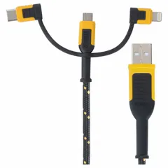 This 6-foot reinforced cable features Lightning connectors on both ends for charging and syncing devices with Lightning ports. The nylon jacket provides added durability for use in demanding environments. Color is black with yellow accents.