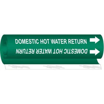 BRADY Pipe Marker: Domestic Hot Water Return, Green, White, Fits 1 1/2 to 2 3/8 in Pipe O.D. - Domestic Hot Water Return Wrap-Around Pipe Markers