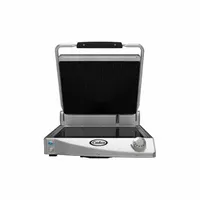Single panini press with a 19-inch wide glass ceramic cooking surface. Operates at 14 A and 208 to 240V. Suitable for grilling panini, sandwiches, and flatbreads in commercial food service settings