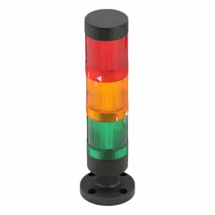 Three-tier tower light assembly with amber, green, and red steady light tiers. Operates at 24V AC/DC. Overall height 8 5/8 inches. No sounder tier. Provides visual status indication for machine states in industrial automation and process control applications.