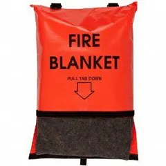 Wool reusable fire blanket in gray, 62 inches wide by 84 inches long, supplied with a storage bag. Suitable for smothering small fires or wrapping around a person for protection during evacuation in industrial, laboratory, or commercial kitchen settings.