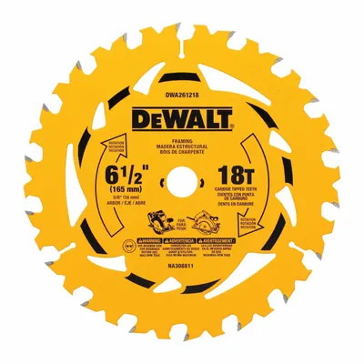 DEWALT Circular Saw Blade: 6 1/2 in Blade Dia., 18 Teeth, 0.07 in Cut Wd, 5/8 in Arbor Size - Wood-Cutting Blades