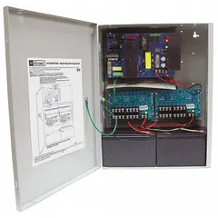 Steel-enclosed power supply board converting 115V AC input to 24VDC at 10A. Features 8 PTC-protected outputs for distributed power in access control, security, and industrial systems.