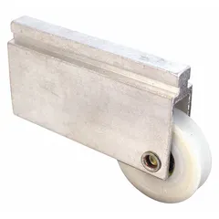 This hanging door roller is designed for sliding door applications, supporting and guiding door panels. It measures 3 inches in length and 3 3/4 inches in width, with a maximum weight capacity of 40 lb. Suitable for light-duty residential or commercial sliding doors.