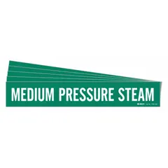 Green adhesive pipe marker with white legend reading 'Medium Pressure Steam'. Fits pipe outer diameters of 8 inches and larger. Supplied in a 5-pack without arrows. Used to identify medium pressure steam piping in industrial facilities.