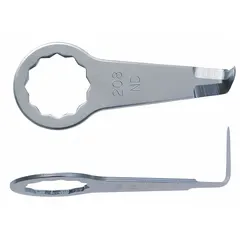 Set of two hooked steel blades for oscillating tools. Each blade measures 1 3/4 in length and 3/4 in width. Designed for scraping applications such as removing old adhesive, paint, caulk, and flooring materials from surfaces.