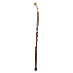 Single-point walking stick with a Derby-Top handle and rubber bottom tip. Constructed of wood with an oak brown finish. Provides mobility support and balance assistance in home, clinical, or outdoor settings.