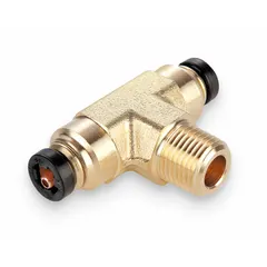 Brass push-to-connect elbow fitting with male NPT threads. Connects 3/16 in OD tubing to a 1/8 in pipe port. Suitable for air brake systems and pneumatic circuits where quick, tool-free installation is required.
