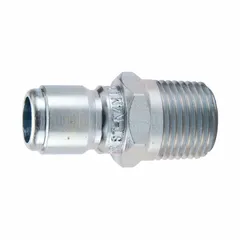 Steel hydraulic quick-connect coupling plug with male NPTF threads. Thread size 3/8"-18. Maximum flow rate 6 gpm. Used to connect hydraulic lines in industrial fluid power systems.