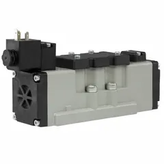 Four-way, two-position solenoid air control valve with single solenoid and spring return. Internal pilot operated, rated for 120V AC. Used to direct compressed air in pneumatic systems for actuating cylinders and other actuators.