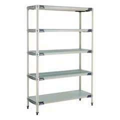 This stationary shelving unit features a 304 stainless steel frame and five polymer shelves with antimicrobial resistance. Suitable for harsh environments where microbial growth is a concern, such as food processing, healthcare, and laboratory settings. Overall height is 74 inches.