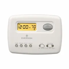 Manual thermostat for 1H/1C conventional or heat pump systems. Features push-button control, 5-2 programming (weekday/weekend), and temperature range 45° to 99°F. Terminal designations include B/G/O/RC/RH/W/Y. Suitable for residential or light commercial heat and cool applications.