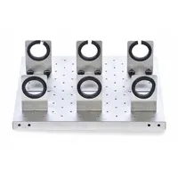 Stainless steel platform attachment for lab shakers, vortex mixers, and rockers. Designed to securely hold separatory funnels during mixing or shaking procedures. Includes mounting hardware. Overall width: 18 in