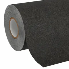 This medium-traffic antislip tape is a solid black continuous roll made of rubber with a coarse 60-grit abrasive surface. It is 12 inches wide by 60 feet long and 30 mil thick, featuring a pressure-sensitive adhesive for indoor and outdoor use. The tape is chemical-resistant and meets MIL specifications, suitable for providing slip resistance on floors, steps, and ramps.