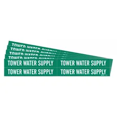 Green adhesive pipe marker with white legend reading 'Tower Water Supply' for identifying tower water supply lines. Fits pipe outer diameters from 3/4 to 2-3/8 inches. Pack includes 4 markers without arrows. Suitable for use in industrial piping systems to indicate water supply.
