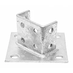 Steel post base for double strut channels, designed for 1-5/8 in x 3-1/4 in strut channel sizes. Features a hot dipped galvanized finish and 8 mounting holes. Used to secure and support structural framing in industrial piping, cable tray, and mechanical support systems.