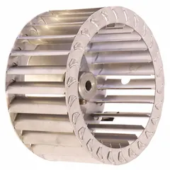 This YORK OEM replacement blower wheel has a 4-inch diameter, 2-inch width, and 1/4-inch bore. It is designed for use in HVAC systems to move air across heat exchangers or evaporator coils. Compatible with York model D1CG090N16525ECA.