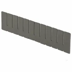This gray plastic divider is designed for use with bins having a width between 9 1/4 in and 9 1/8 in, specifically the LEWISBINS NDC2080 model. It subdivides the bin into smaller compartments for organizing small parts in industrial storage, assembly lines, and warehouse shelving. The divider is not electrostatic discharge conductive.