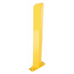 This V-shaped door track guard is made of steel with a yellow powder-coated finish. It measures 3 inches in overall length and 0.2 inches in overall thickness, and mounts using lag bolts. Designed to protect door tracks and rack uprights from impact damage in warehouses and industrial facilities.