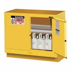 Stationary steel cabinet for storing flammable materials, compatible with benches. Features self-closing door. Overall dimensions: 35 3/4 in height, 4 ft width, 21 5/8 in depth. Yellow finish.