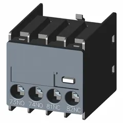 Front-mounted auxiliary contact block with one normally open and one normally closed contact. Designed for use with SIRIUS 3RH2 contactor relays, frame size S3. Used to add signaling or control contacts in motor control panels and automation circuits.