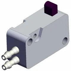 Manual air control valve with plunger actuator and side-ported body. Features 3 ports and 4 mm push-on connections. Used in pneumatic systems to direct flow between two inlet ports to a single outlet.