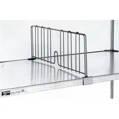 Stainless steel divider for wire shelving, silver finish, 18-inch ledge size. Used to separate and organize items on wire shelving units in storage and display areas.