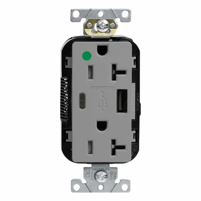 LEVITON Receptacle: Duplex, 5-20R, Gray, 125V AC - Hospital-Grade Receptacles with USB Chargers