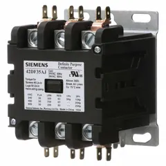 Three-pole, non-reversing definite purpose contactor from the 42 Series. Rated 50 A with 3NO main pole contact form and maximum voltage of 600V AC. Coil voltage is 110/110-120V AC. Surface mount with quick disconnect and screw/box lug terminals. Suitable for switching three-phase loads in HVAC, refrigeration, and industrial equipment.
