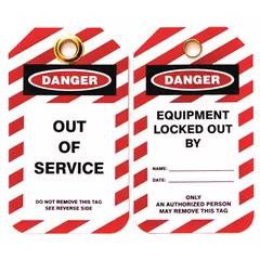 Plastic lockout tag with a write-on surface for recording date and name. Displays 'Danger, Locked Out Device' in English. Used to clearly mark equipment that is locked out during maintenance or repair procedures in industrial environments.