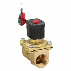 2-way, 2-position normally closed solenoid valve with brass body and 1-1/4 in pipe size. Operates on 120V AC and features an explosion-proof coil enclosure. Designed for high-flow on/off control of liquids or gases in applications requiring reliable shut-off.