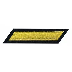 Sew-on embroidered insignia measuring 2 inches by 3/8 inch. Features gold color with navy accents, constructed from felt and plastic materials. Used to denote service years or rank on uniforms for military, law enforcement, or other uniformed organizations.