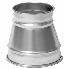 Stainless steel reducer for transitioning between 9-inch inlet and 7-inch duct diameters. Overall length of 8 inches. Used in HVAC and ventilation systems to connect duct sections of different sizes.