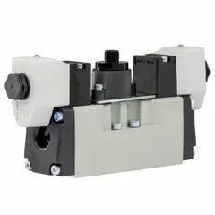 Four-way, two-position solenoid air control valve with 5599-1 double solenoid and solenoid return. Internal pilot operation. Used to direct compressed air for actuating double-acting cylinders or other pneumatic devices in industrial automation and material handling systems.